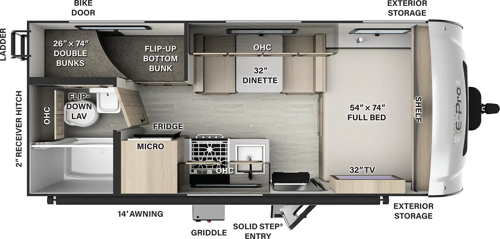 The E19BH has no slide outs and 1 entry door. Exterior features storage, a rear ladder, 2 inch receiver hitch, bike door, griddle, solid step entry, and 14 foot awning. Interior layout front to back: side-facing full bed with shelf above, and door side TV; off-door side dinette with overhead cabinet; door side entry, kitchen counter with sink, cooktop, overhead cabinet, microwave and refrigerator; rear door side full bathroom with overhead cabinet, and flip-down lavatory; rear off-door side double bunks with flip-up bottom bunk.